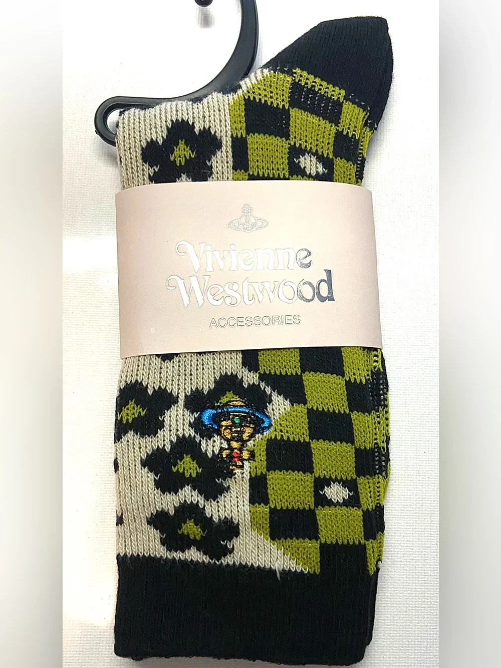 Vivienne Westwood Black & Olive Green Patterned Crew Socks - Picture 1 of 1